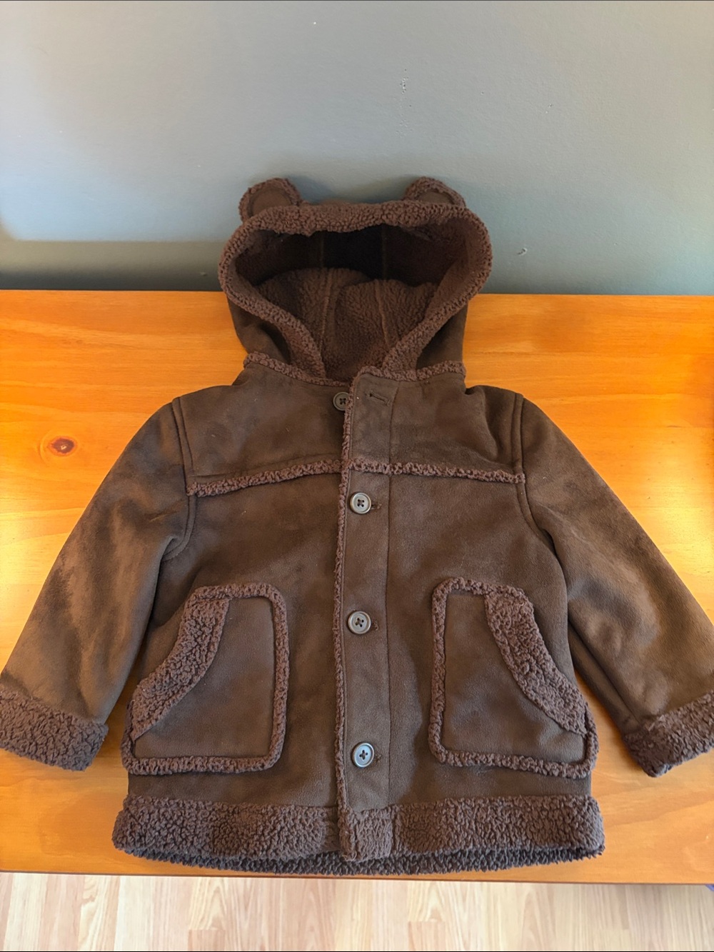 Gymboree Brown Sherpa-Trim Hooded Puffer Coat with Bear Ears Size 18-24 M Cozy